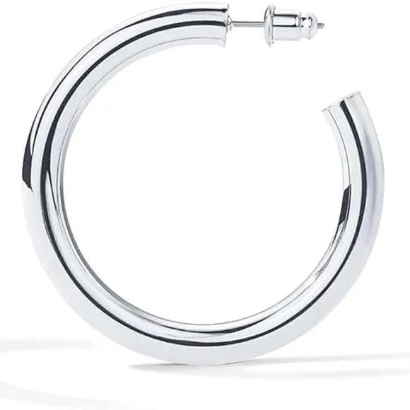 14K White Gold Lightweight Chunky Open Hoop 50mm Earrings Statement Jewelry - Picture 3 of 4